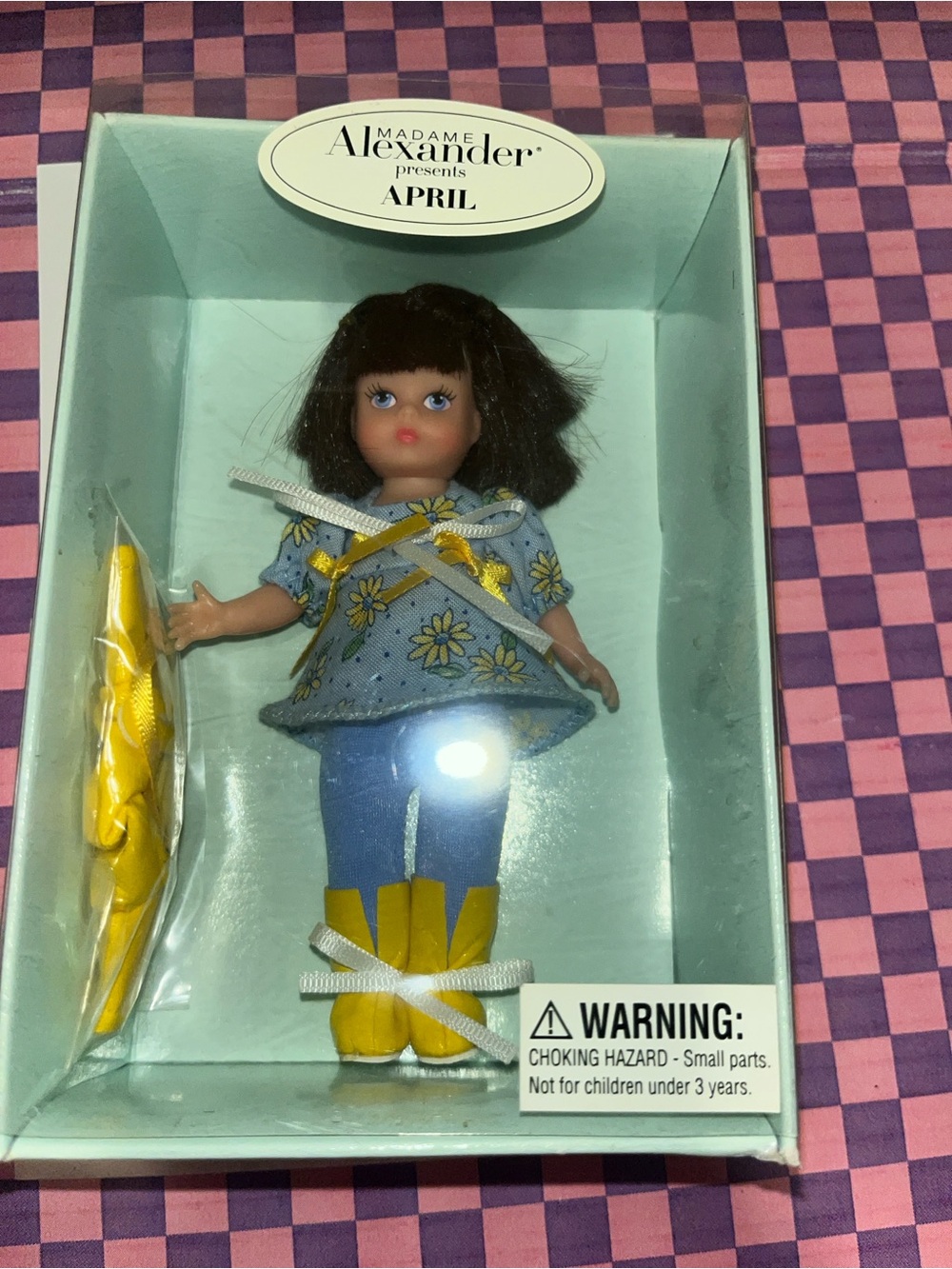Madame Alexander April Doll in Blue Floral Dress with Yellow Boots